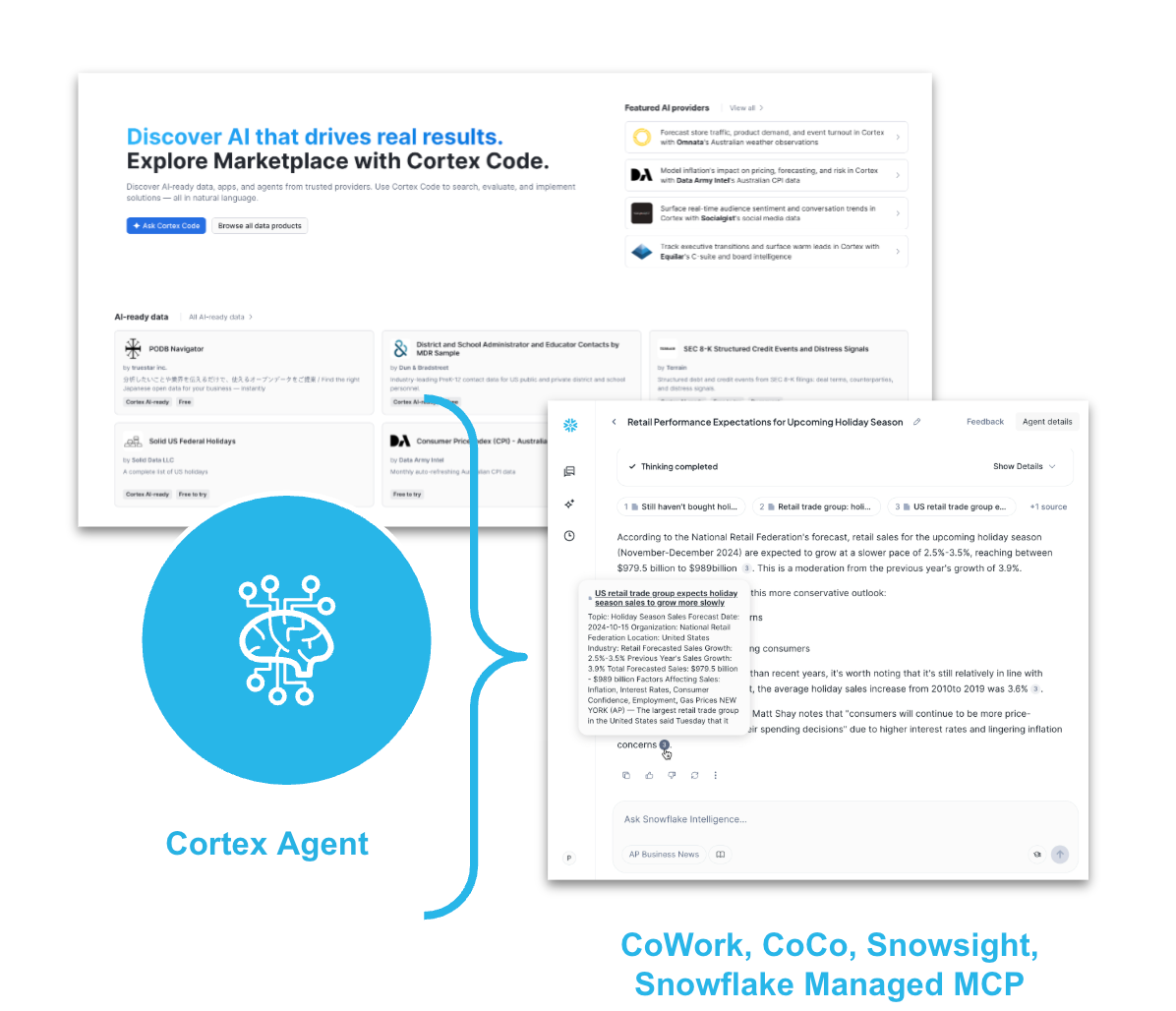 Screenshots showing how Cortex Agent interacts with Snowflake Marketplace