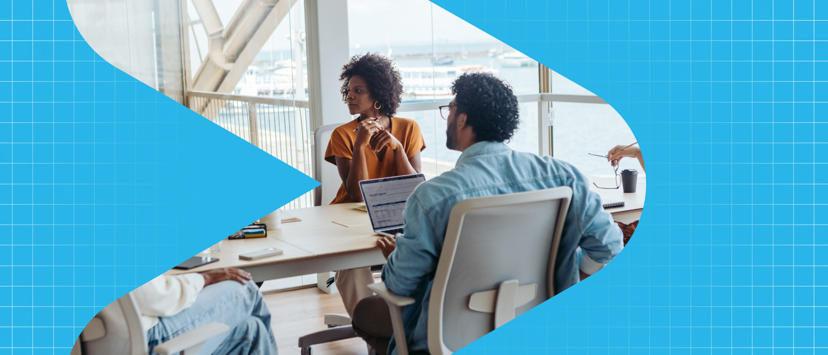 Digital illustration of people at a conference table in mid-discussion with a blue grid background.
