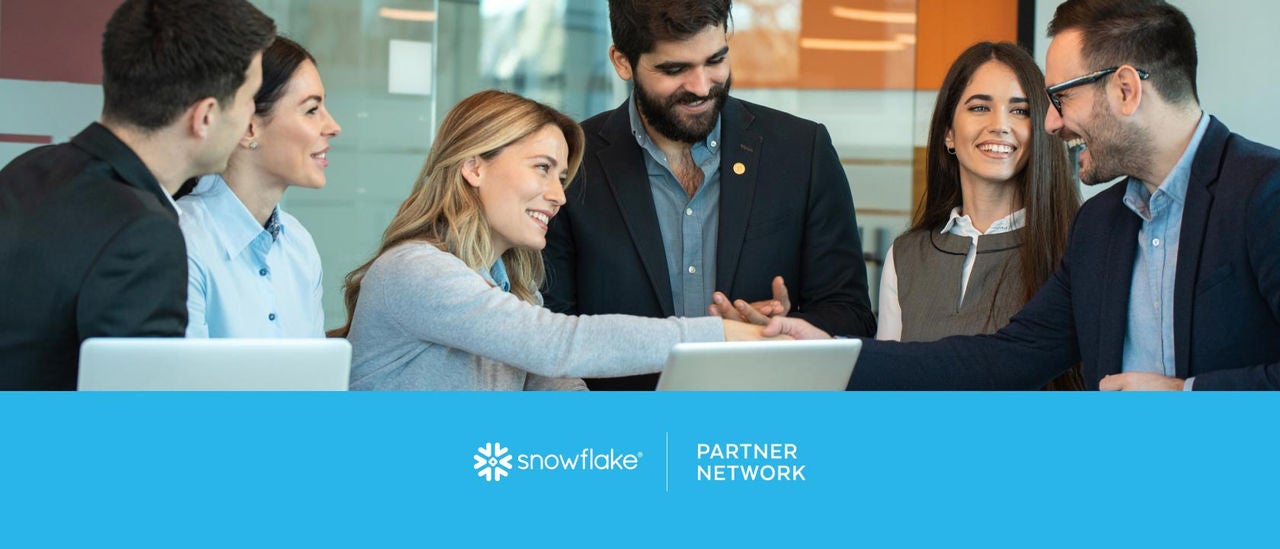 Image of a corporate team shaking hands with a blue banner and Snowflake Partner Network banner below it