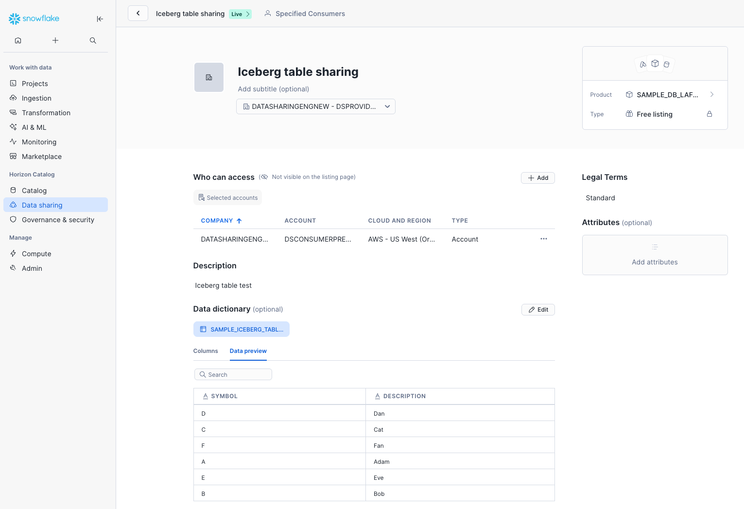 Screenshot of Iceberg table sharing feature in Snowsight