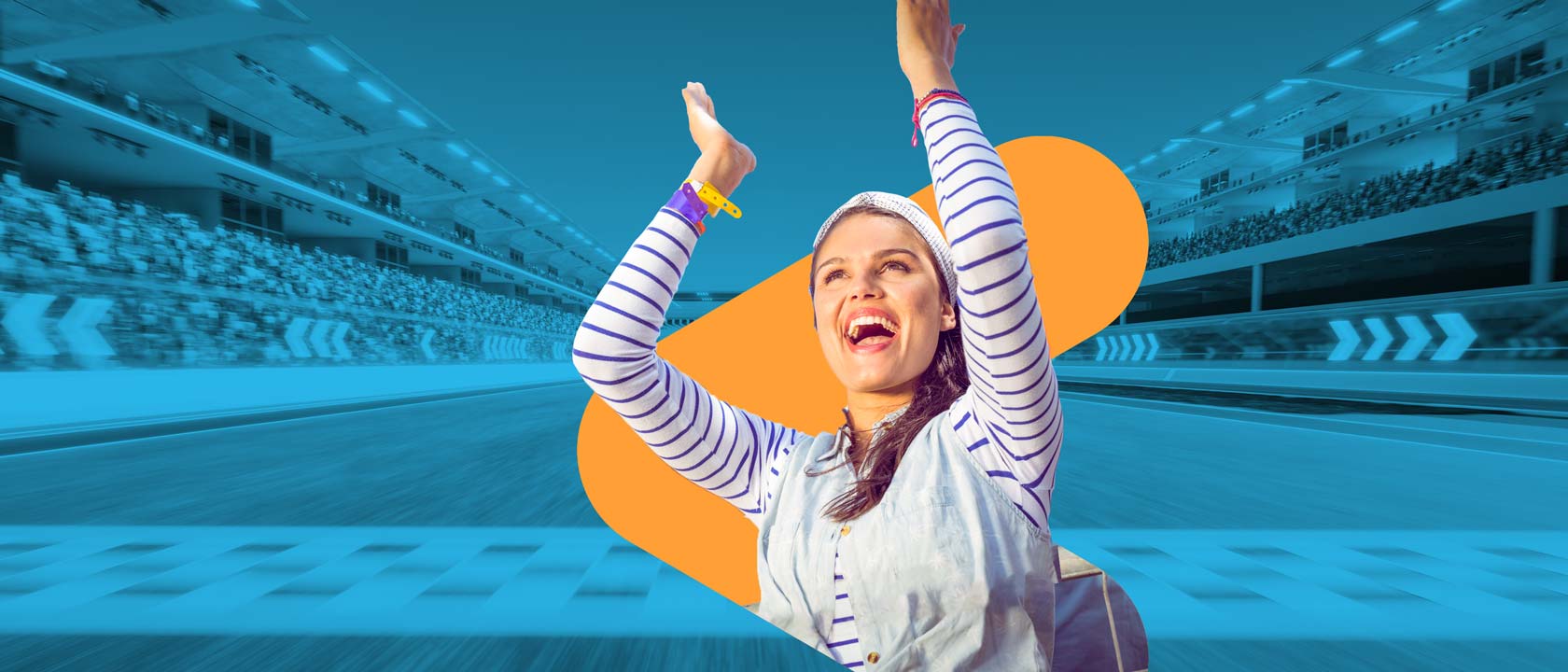 image cutout of a woman cheering with her arms up in a orange Snowflake bug with blue raceway image in the background
