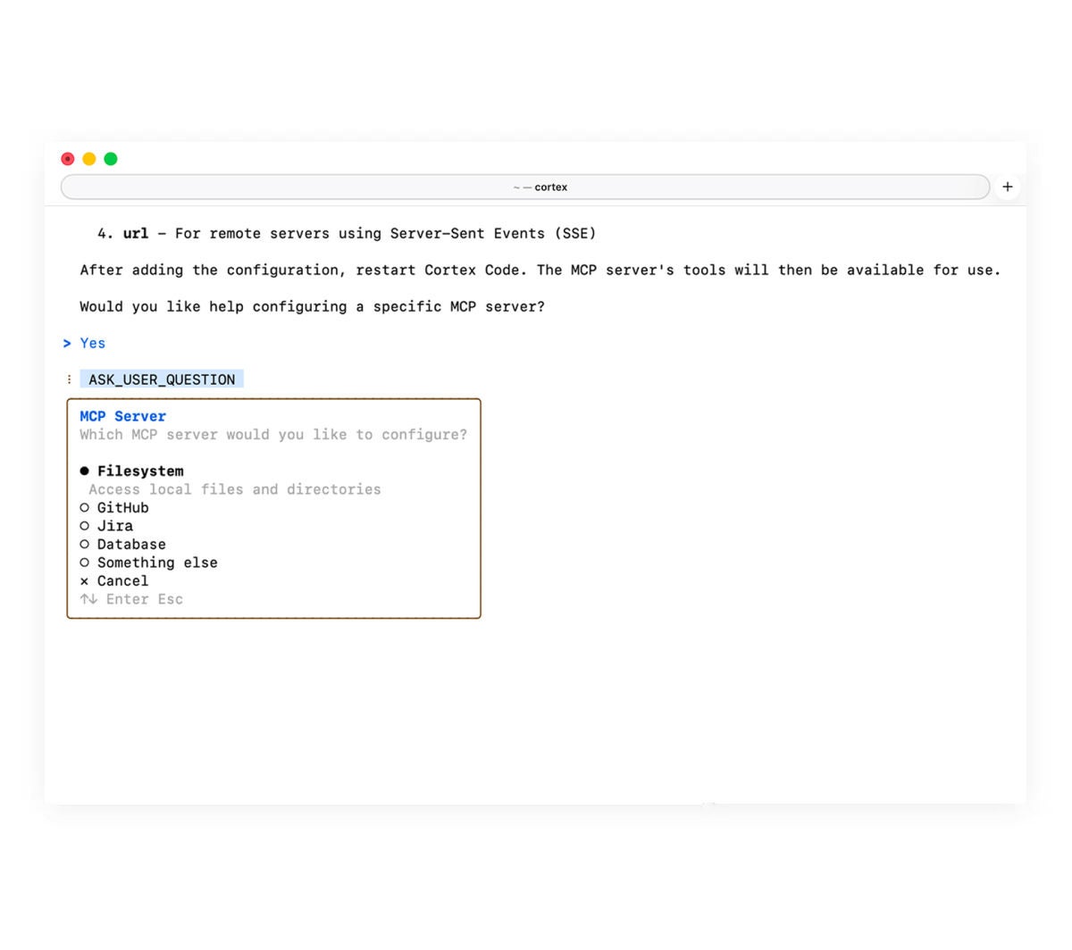 Terminal window with Cortex Code CLI MCP setup