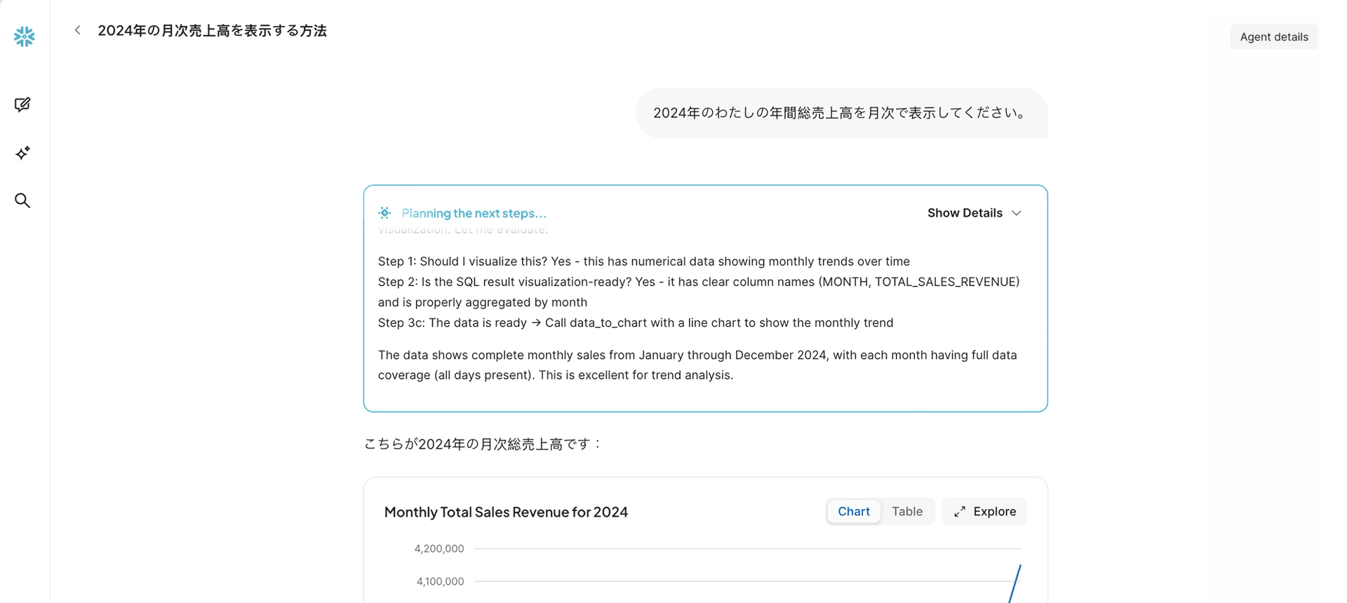 Snowflake Intelligence dashboard with Japanese language input