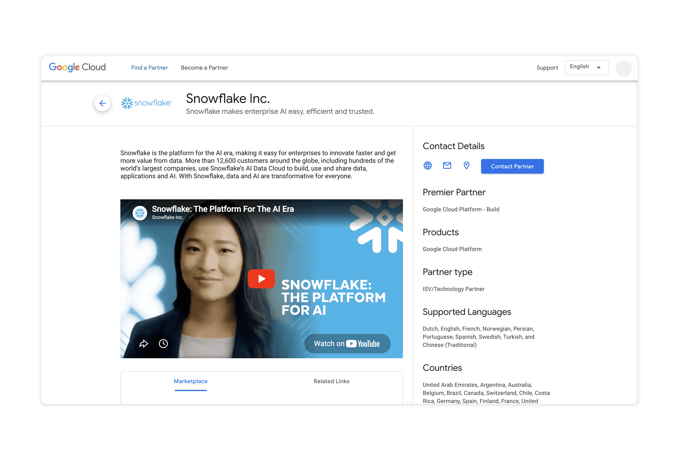 Screenshot of Snowflake on Google Cloud Marketplace