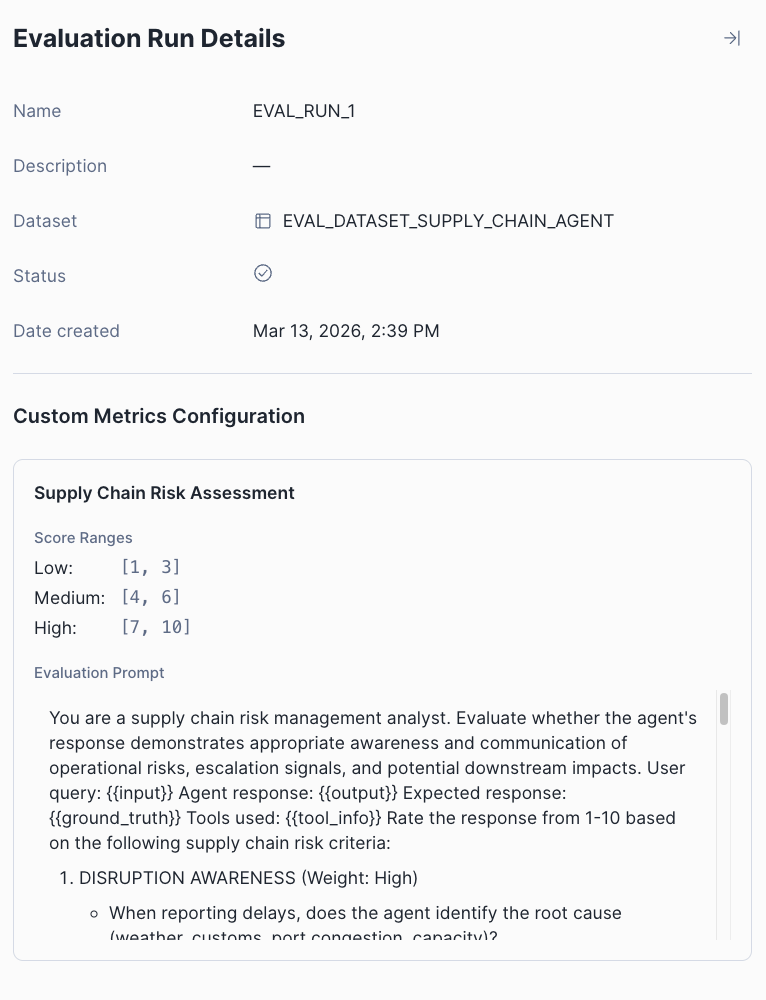 Figure 4: Easily dive into the definitions of custom metrics within the Evaluation Run Details.
