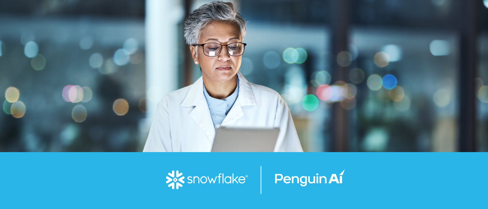 Snowflake Penguin Ai logo lockup with female doctor looking down at a tablet