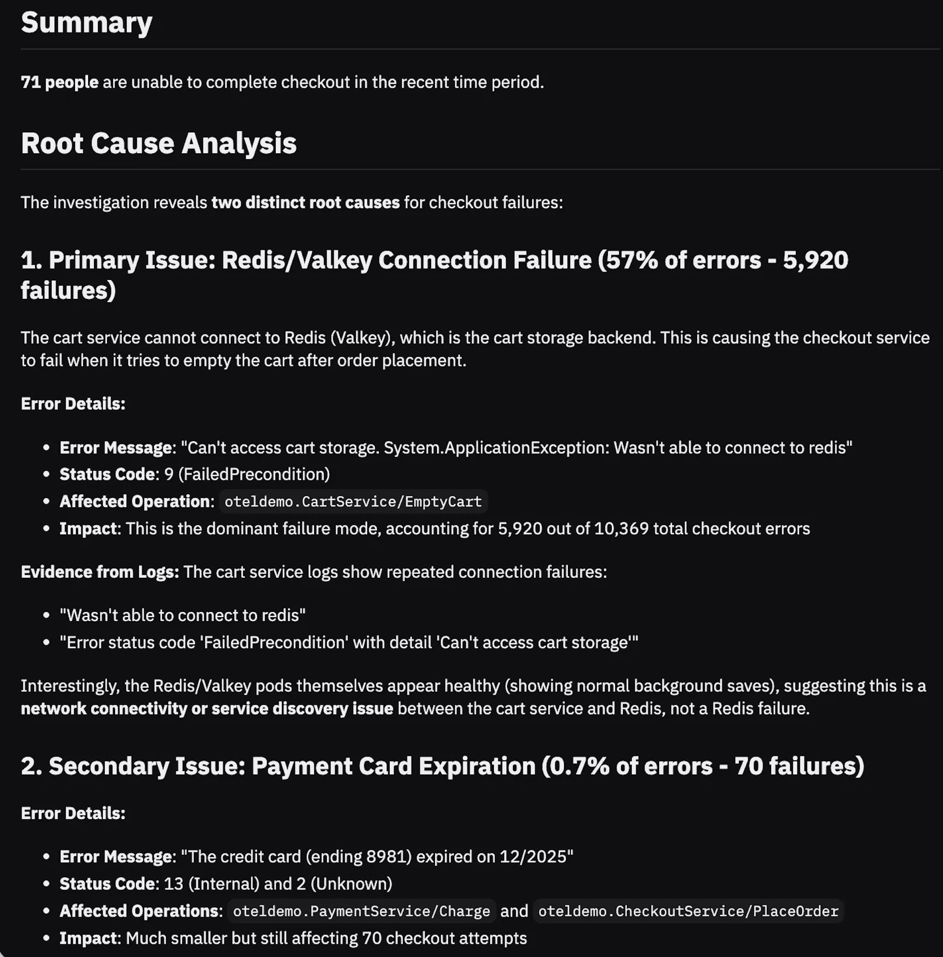 Screenshot of a root cause analysis report showing Redis/Valkey connection failures and payment card expiration errors