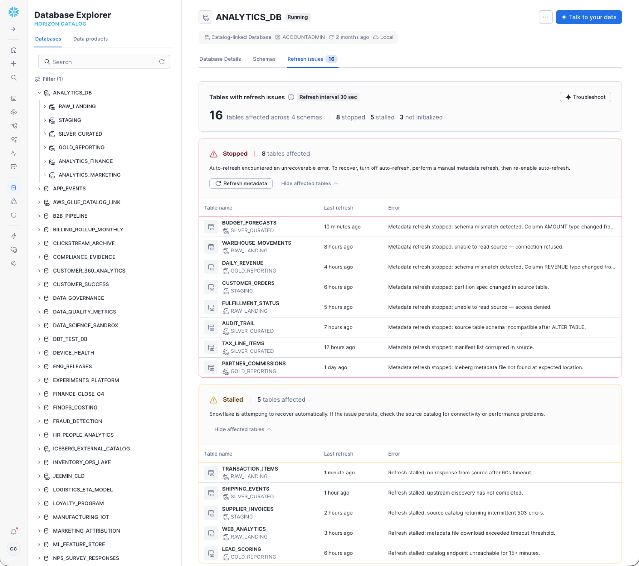 Figure 3: Troubleshoot your table refresh issues with a single click with Cortex Code or drill down into actionable error details in Snowflake’s Refresh Issues view.