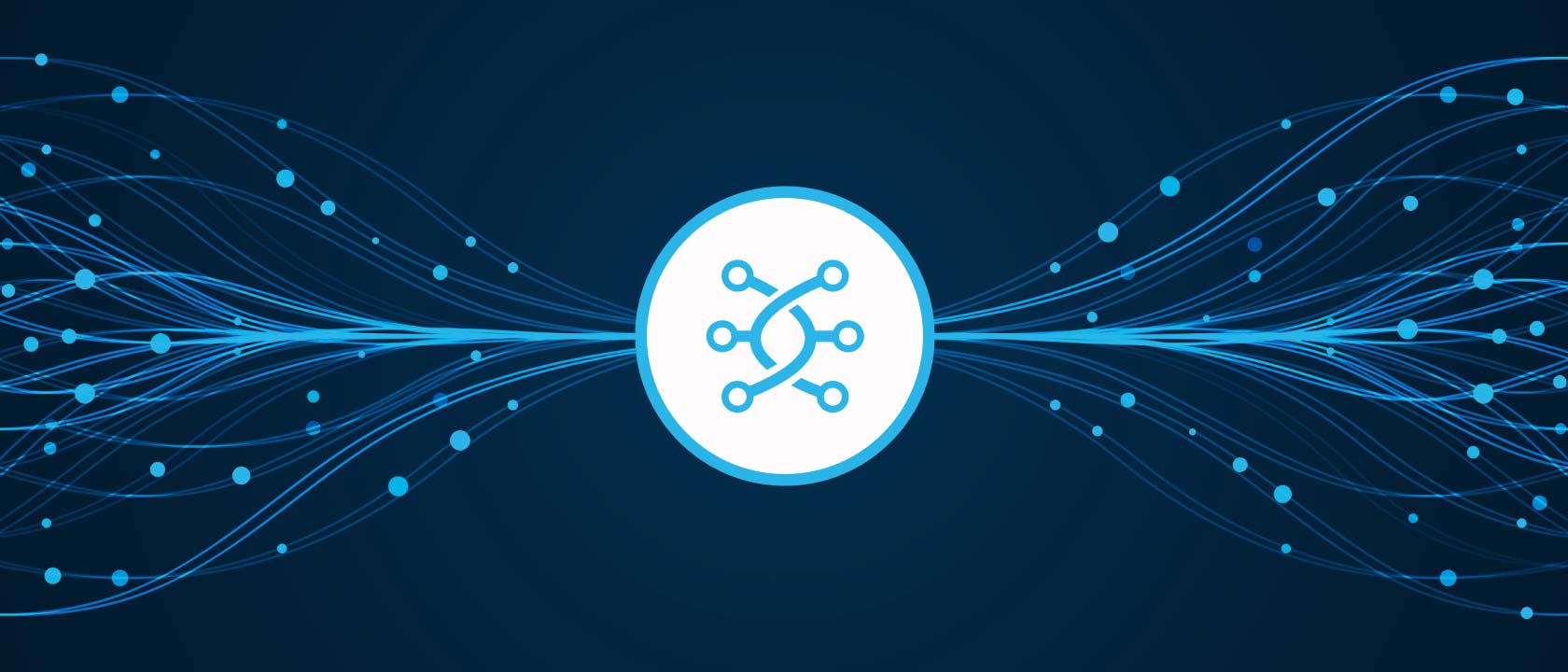 Deep blue background with a round icon in the center and synapse-looking tendrils extending from it.