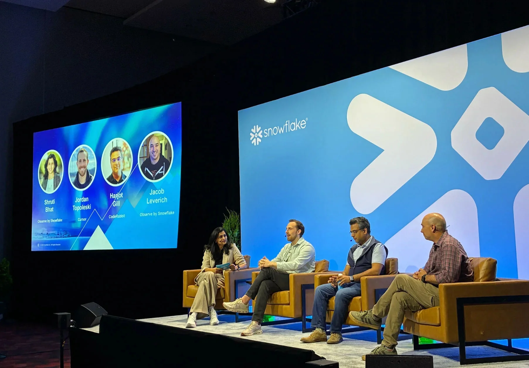 CTO Circle panel discussion featuring Shruti Bhat, Head of Marketing at Observe by Snowflake; Jordan Topoleski, COO at Cursor; Harjot Gill, CEO at CodeRabbit; and Jacob Leverich, Head of Technology at Observe by Snowflake.