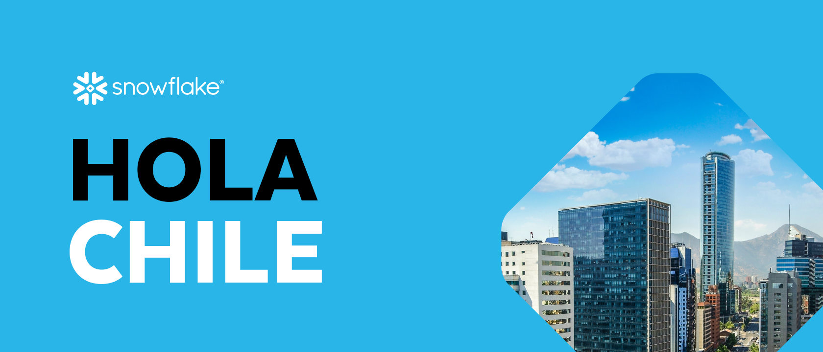 Hola Chile words on blue background with Chilean city skyline