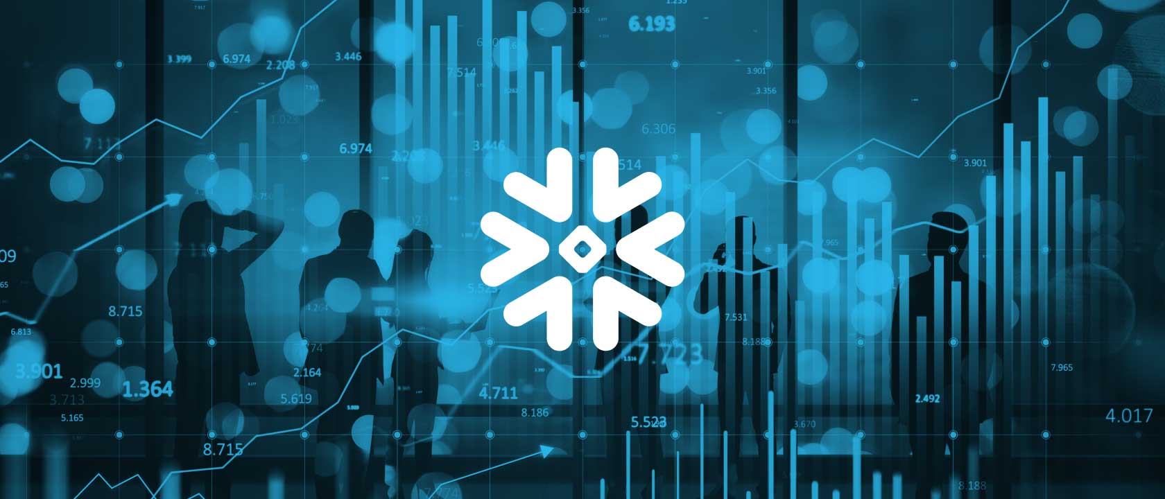 Financial charts laid over silhouettes of people in the background