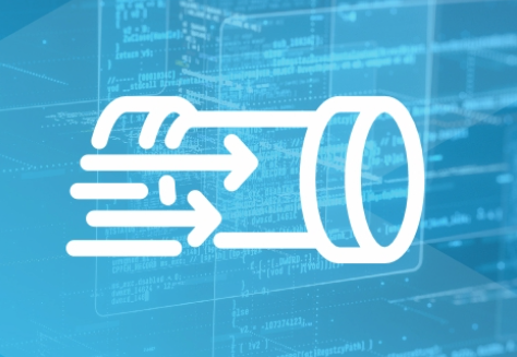 Data Pipeline icon of a pipe with streaming arrows on a blue background with code images
