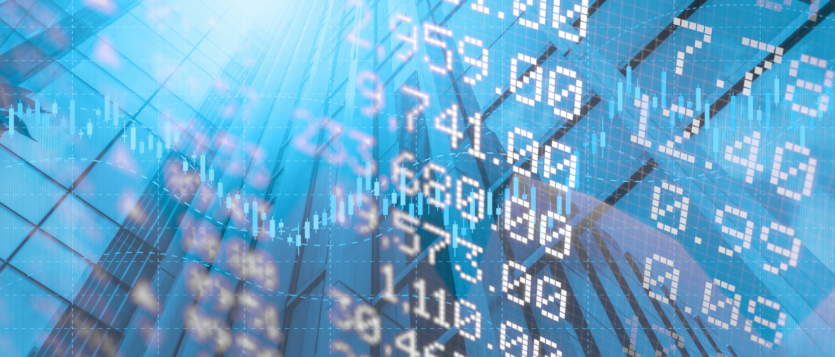 Photo illustration of digital numbers and a performance bar chart overlaid on a skyscraper image.