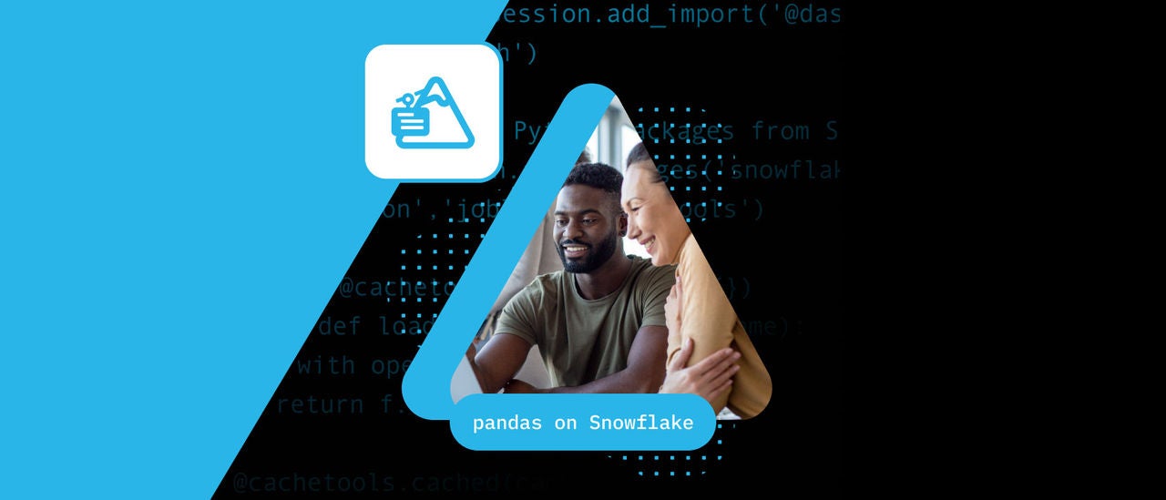 Snowflake Snowpark icon with photo of two people using a computer, on a blue and black background.