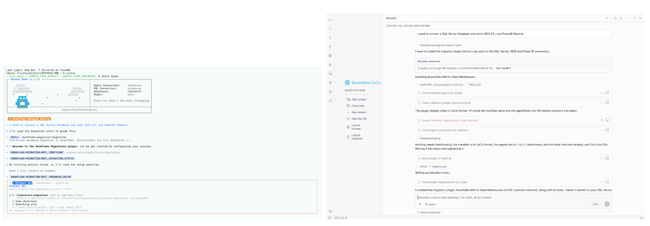 Figure 1: CoCo CLI and CoCo Desktop AIM experiences: Just start with a simple prompt like “Help me convert my SQL Server database.”