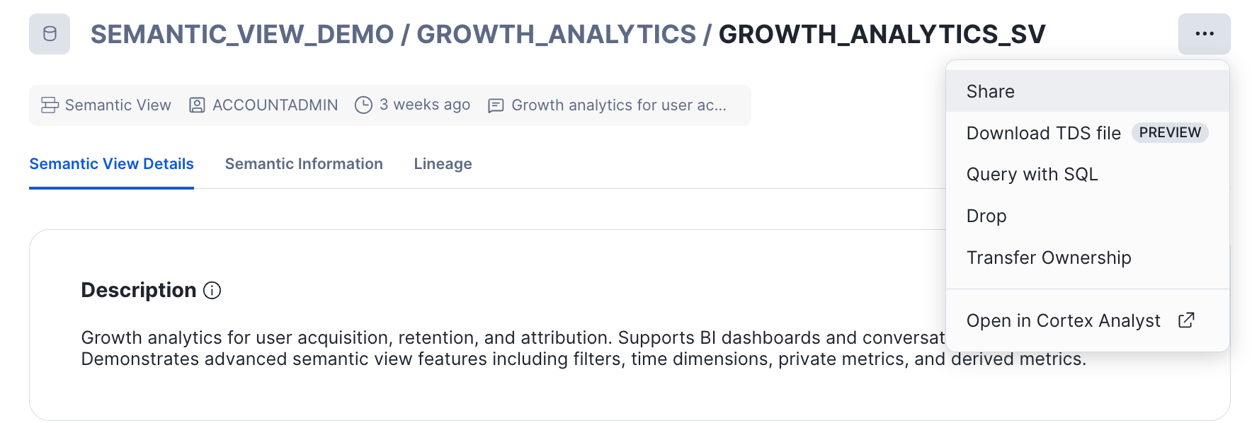 screengrab for semantic view using tableau