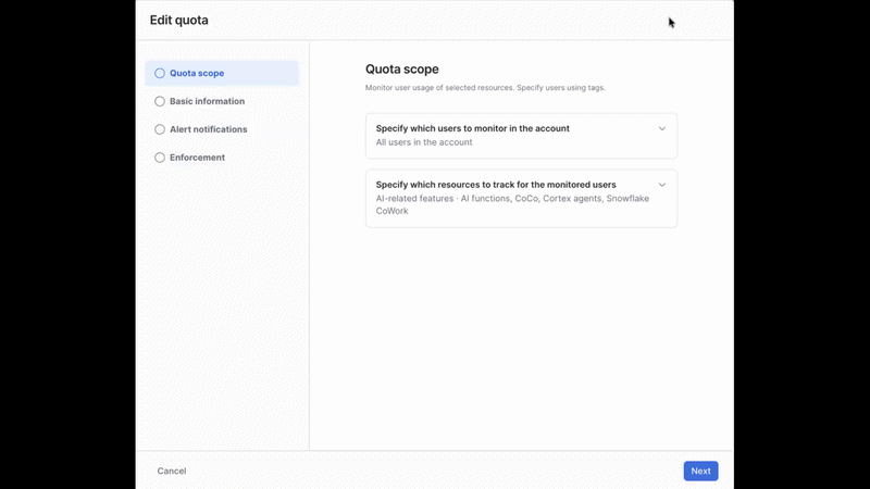Quota creation using Snowsight targeting AI domains with monthly and daily limits.