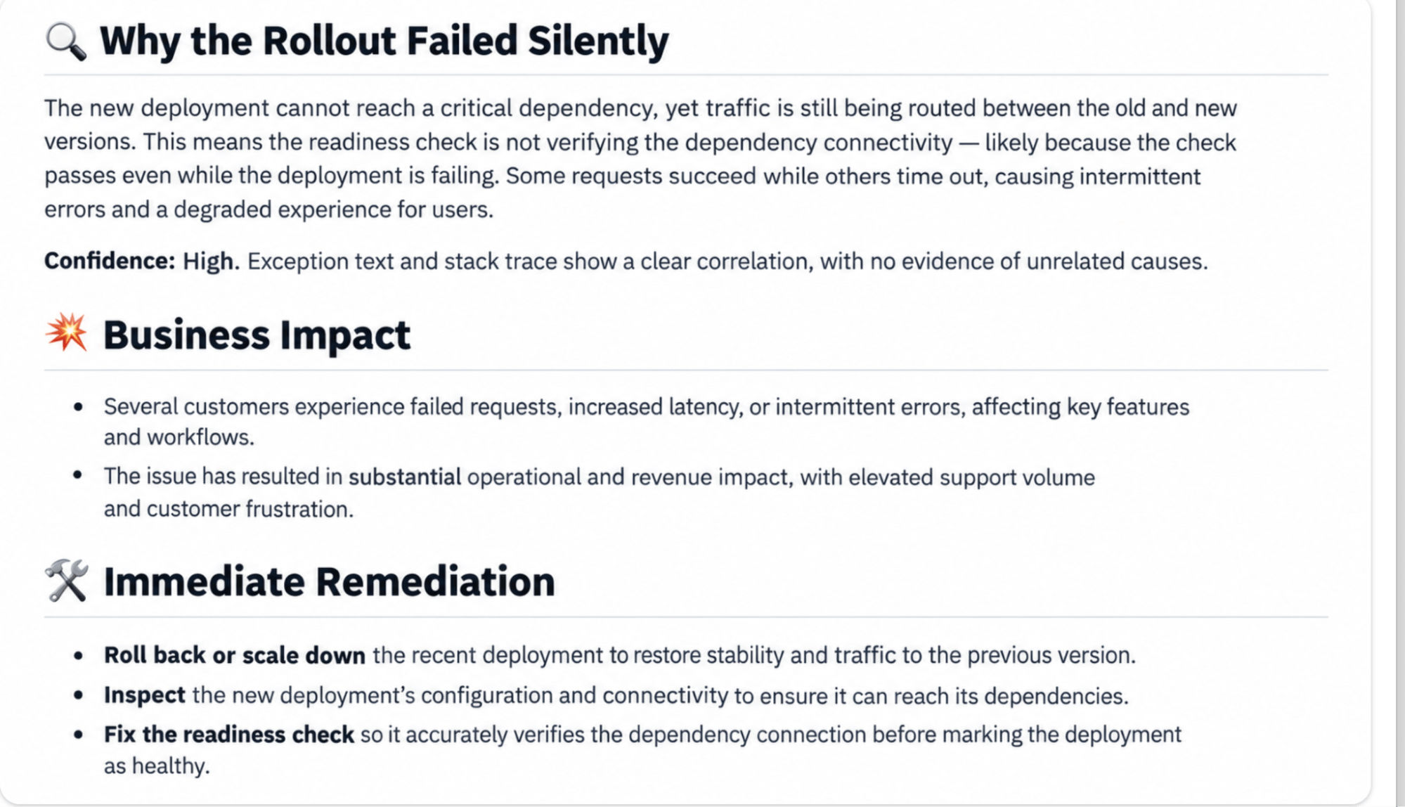 Screenshot of incident post-mortem documenting why a deployment rollout failed, including business impact and remediation steps