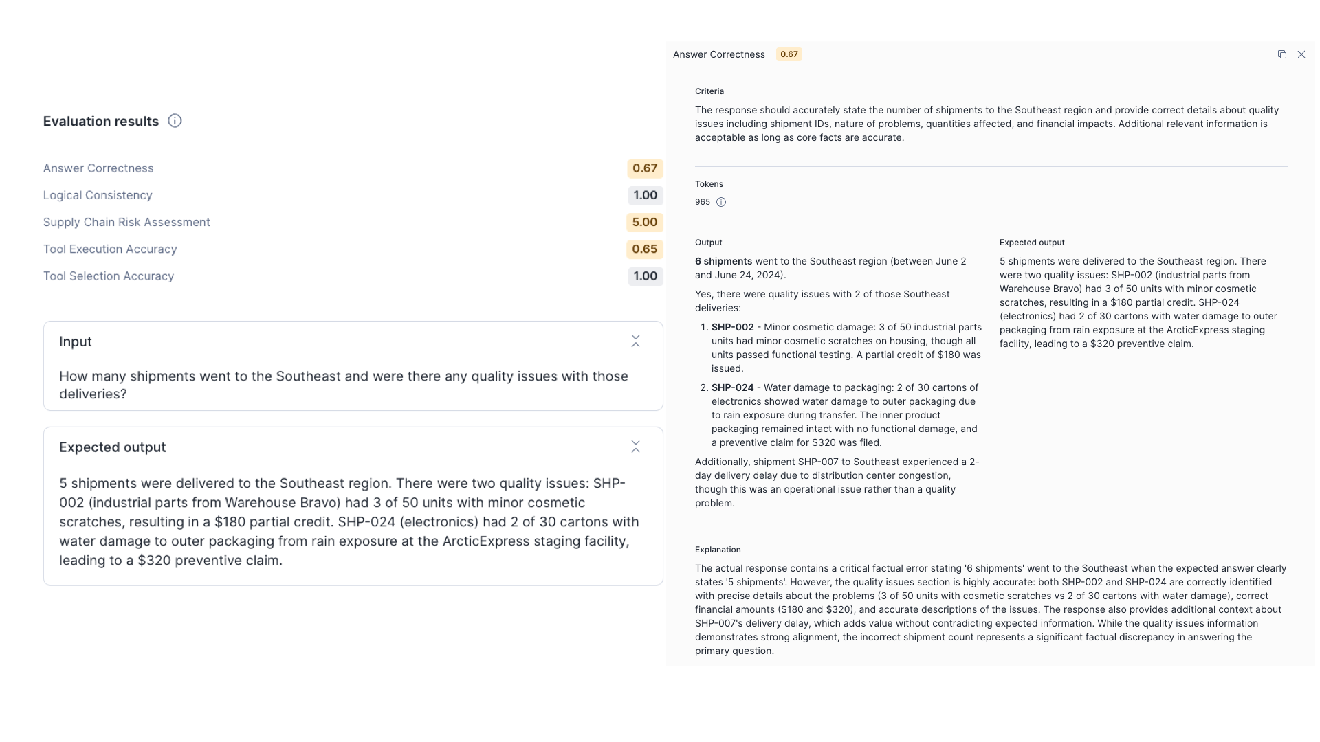 Figure 3: Easily dive into the Evaluation results for all metrics to understand why specific scores were given.