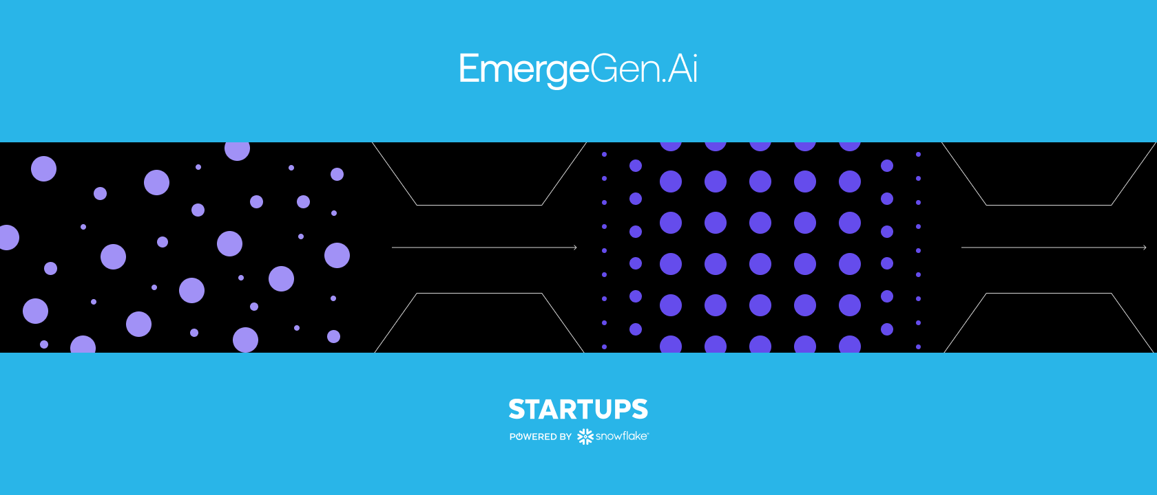 Digital illustration of connected dots and lines with EmergGen and Snowflake Startups logos