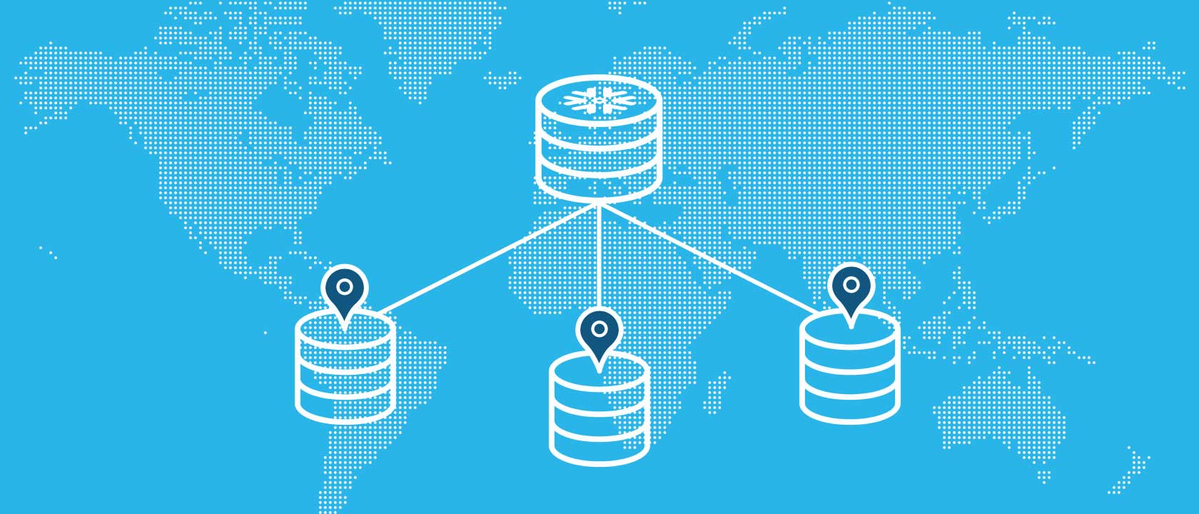 Digital illustration of world map in background with overlay of Snowflake database icon connected to 3 smaller database icons