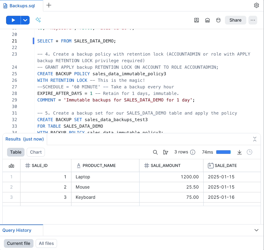 Gif showing how to use Snowflake Backups.