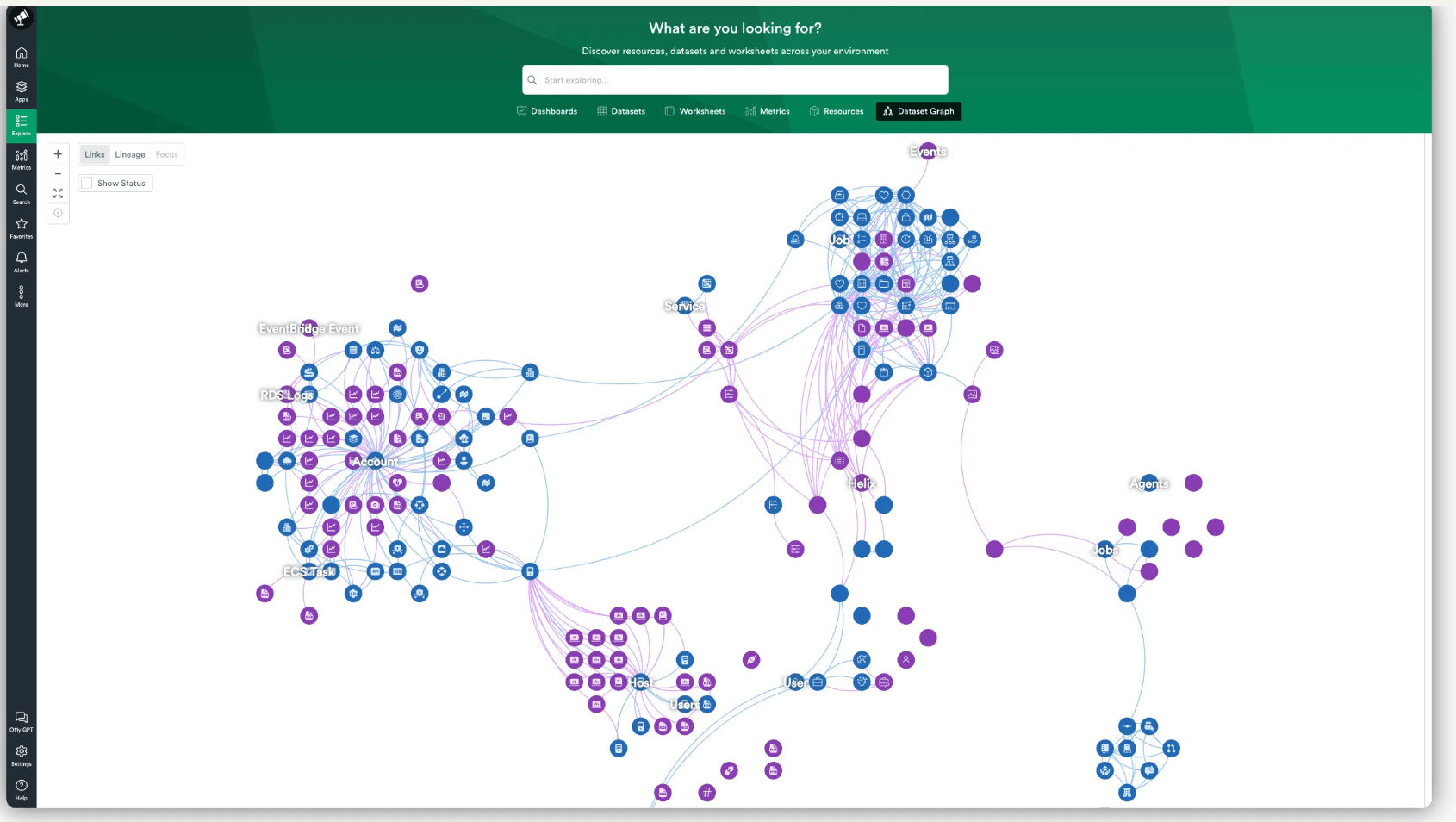 Interactive network graph visualization showing connected nodes in blue and purple with lineage relationships in a data catalog interface