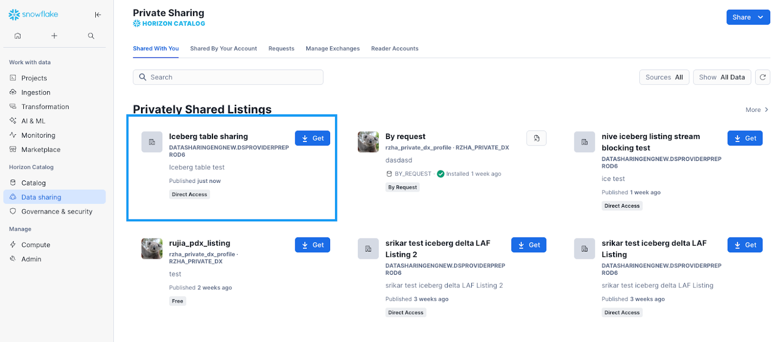 Screenshot of private sharing listings in Snowsight