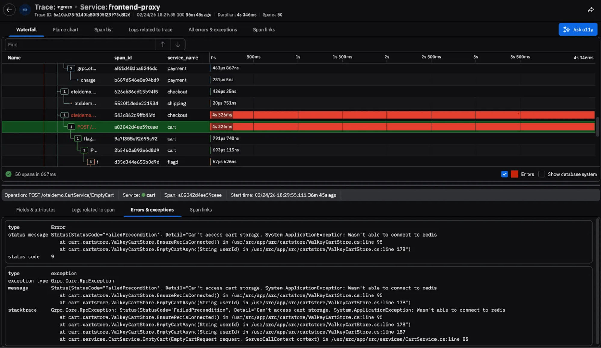 Distributed tracing waterfall view showing frontend-proxy service spans with highlighted errors in cart service operations