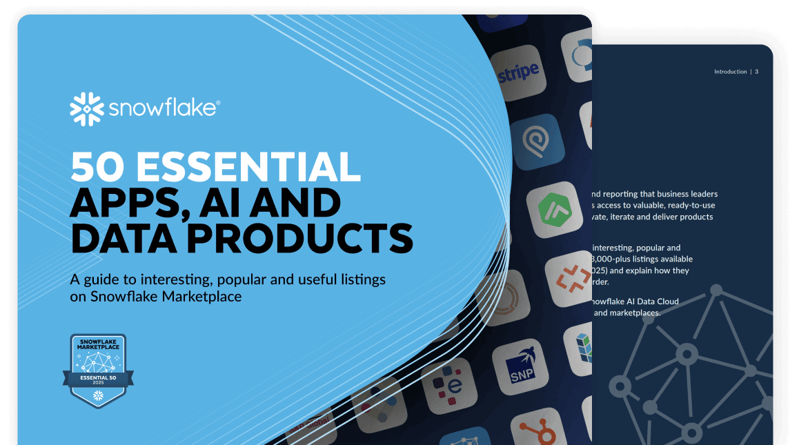 Thumbnail of the cover of Snowflake's ebook titled 50 Essential Apps, AI and Data Products