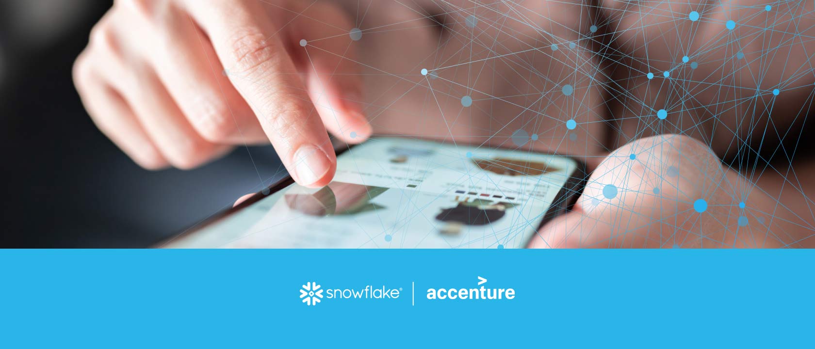 Photo of a person shopping on a phone with a blue banner across the bottom of the photo featuring the Snowflake and Accenture logos