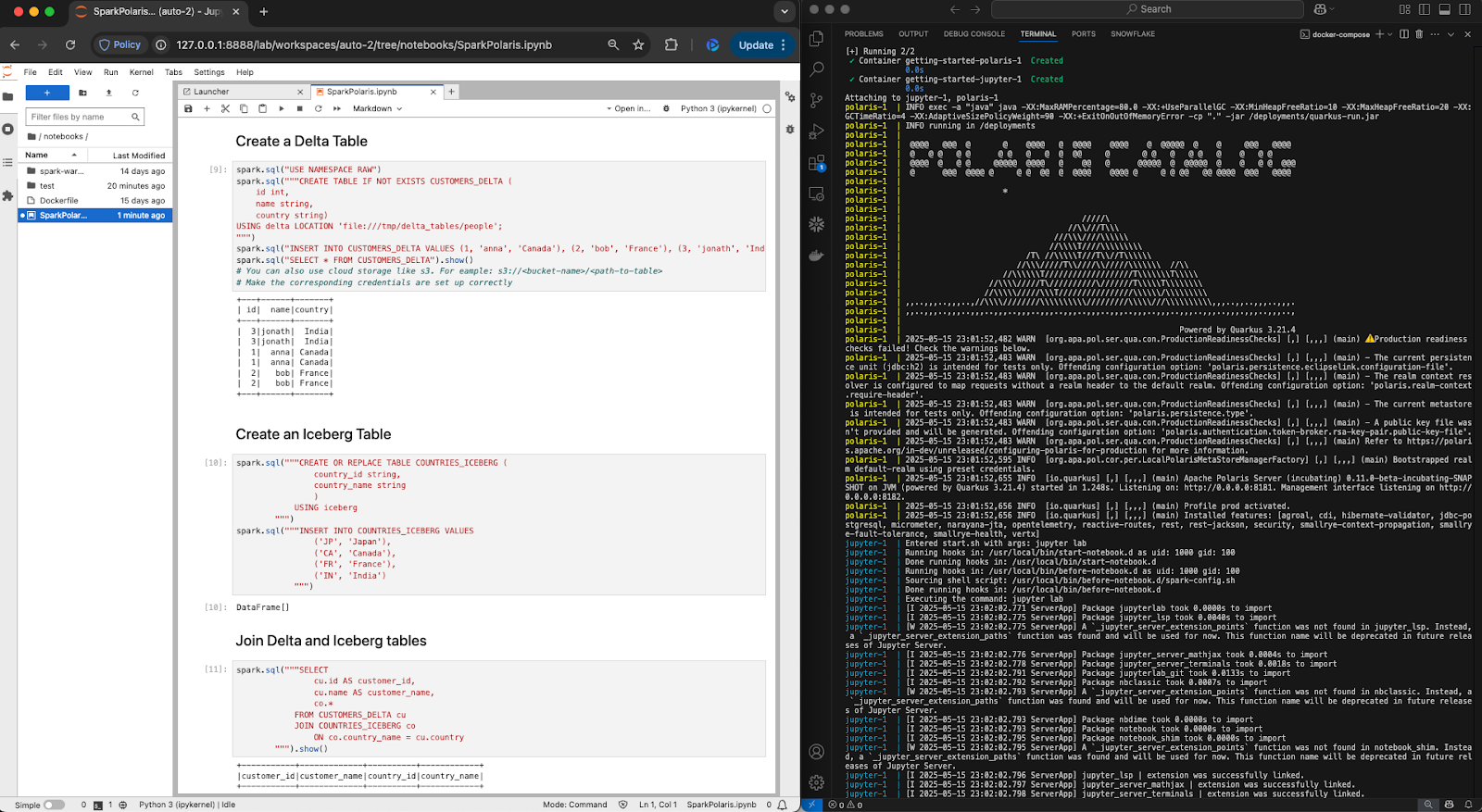 Local setup creating Iceberg and Delta tables in Polaris 