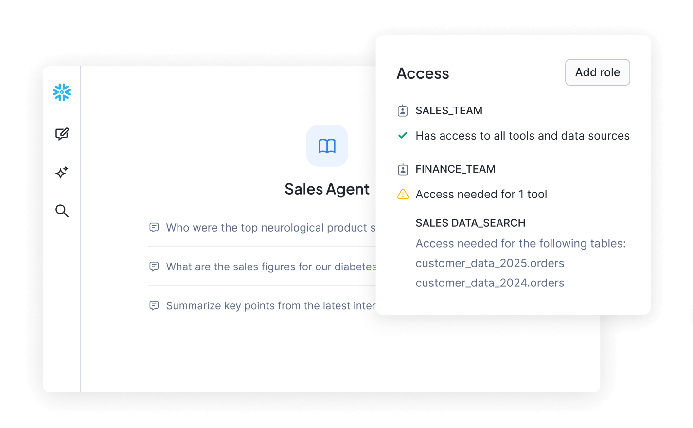 Snowflake Intelligence agent dashboard and team permissions