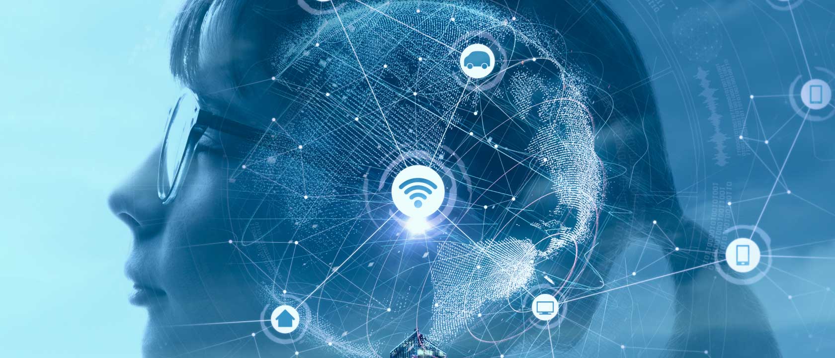 Profile of a woman with glasses with an overlay of a web of various tech icons and symbols