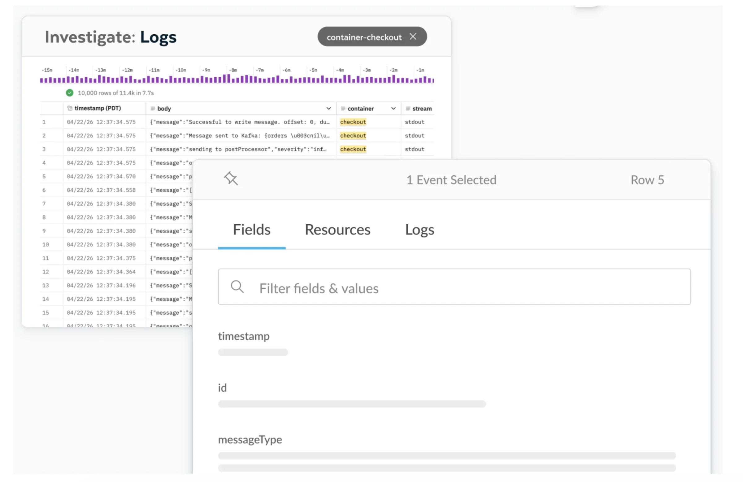 Log management UI on Observe.