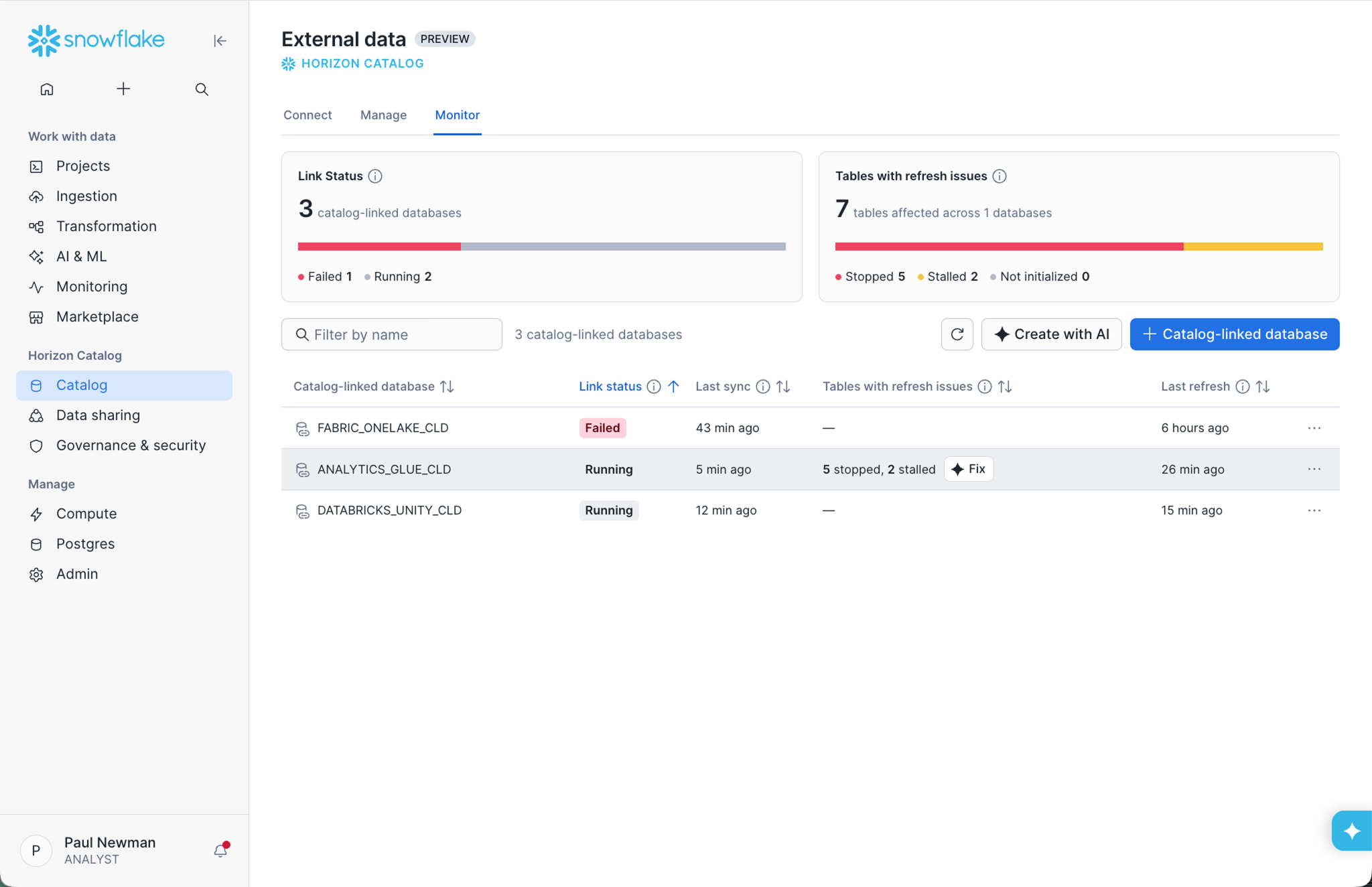 Figure 2: Instantly monitor your external table’s health by diagnosing table linking and refresh issues in a single dashboard.