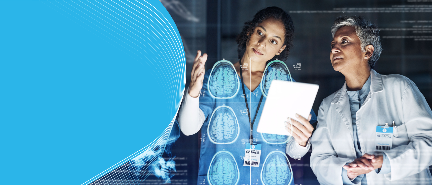 A doctor and a nurse reviewing brain scans.