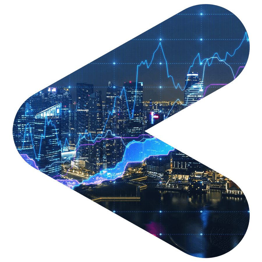 financial graph visual on top of cityscape image