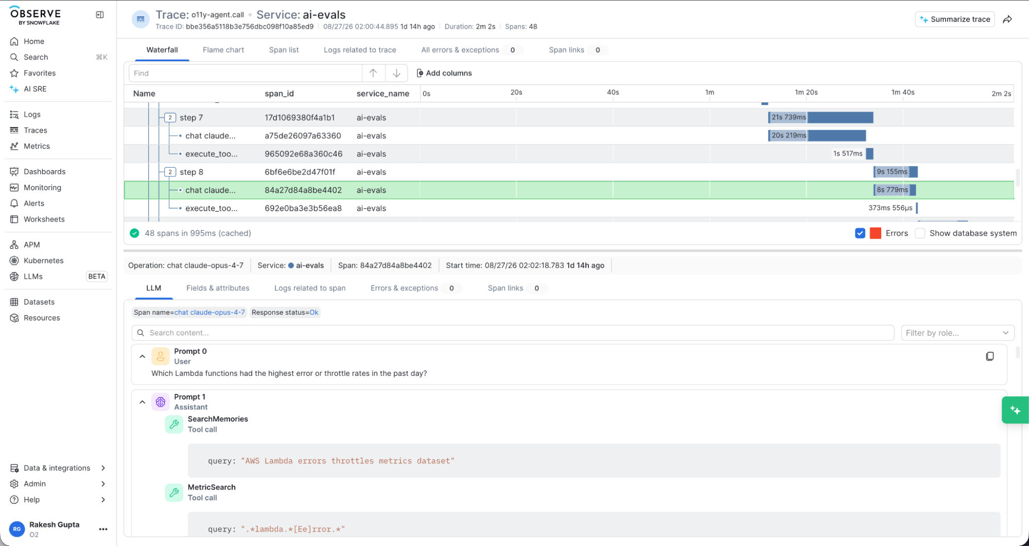 Snowflake Observe distributed tracing waterfall view showing ai-evals service spans and LLM operation details