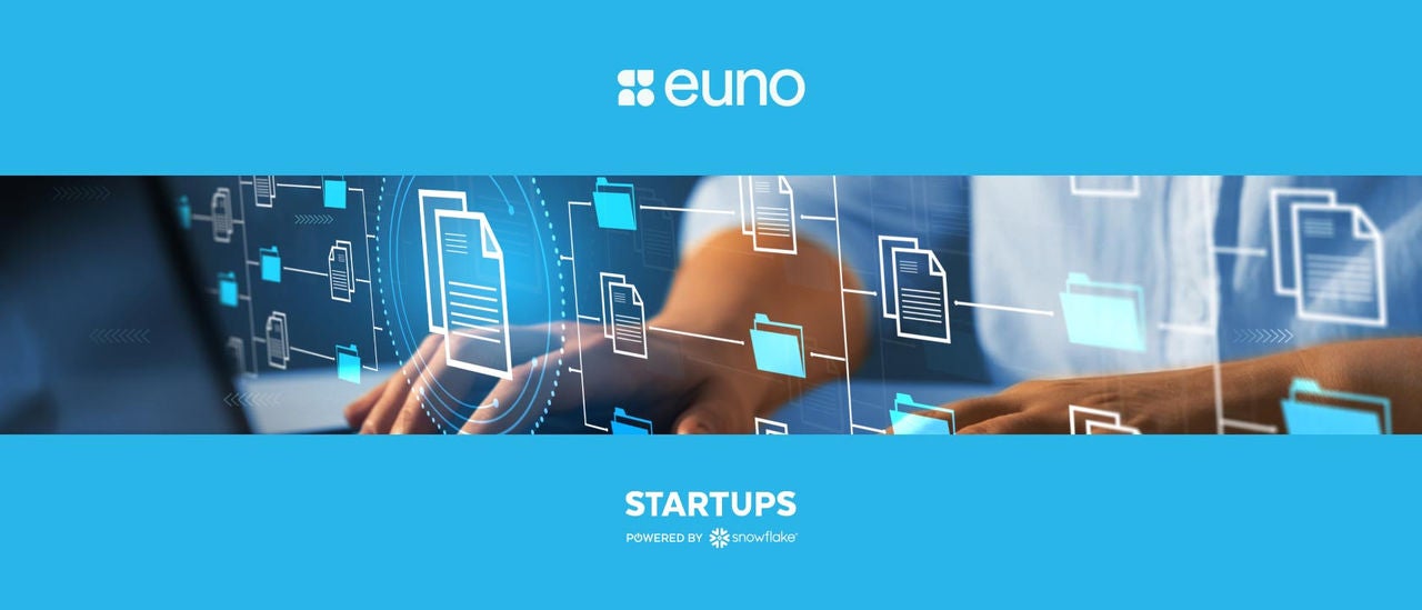 Digital image of person on laptop with document icons, plus the Euno icon and Snowflake Startups icon on blue backgrounds