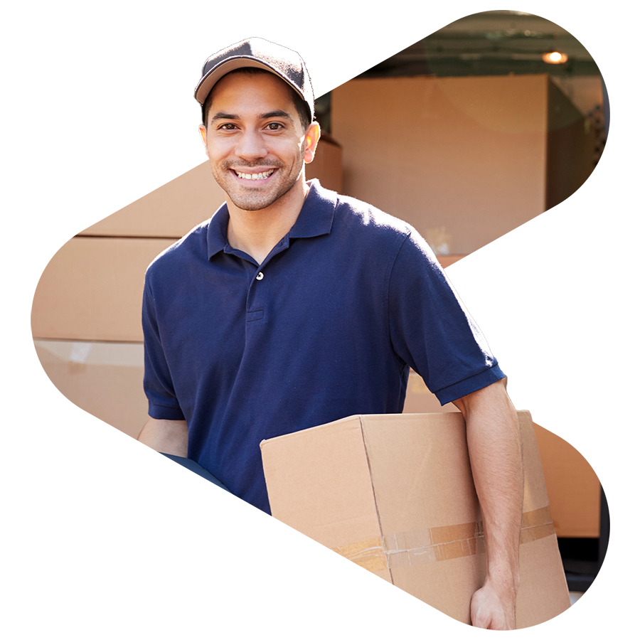 package delivery person wearing a hat and navy blue shirt