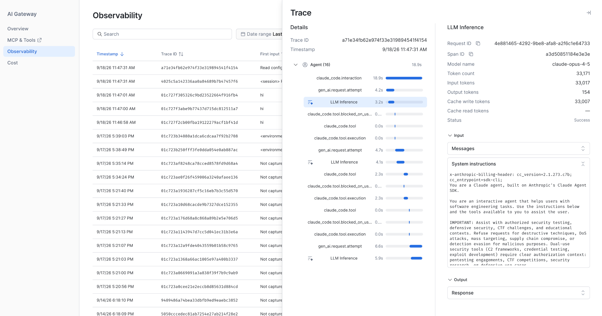 Figure 2. One Claude Code session in the Cortex AI Gateway trace view.