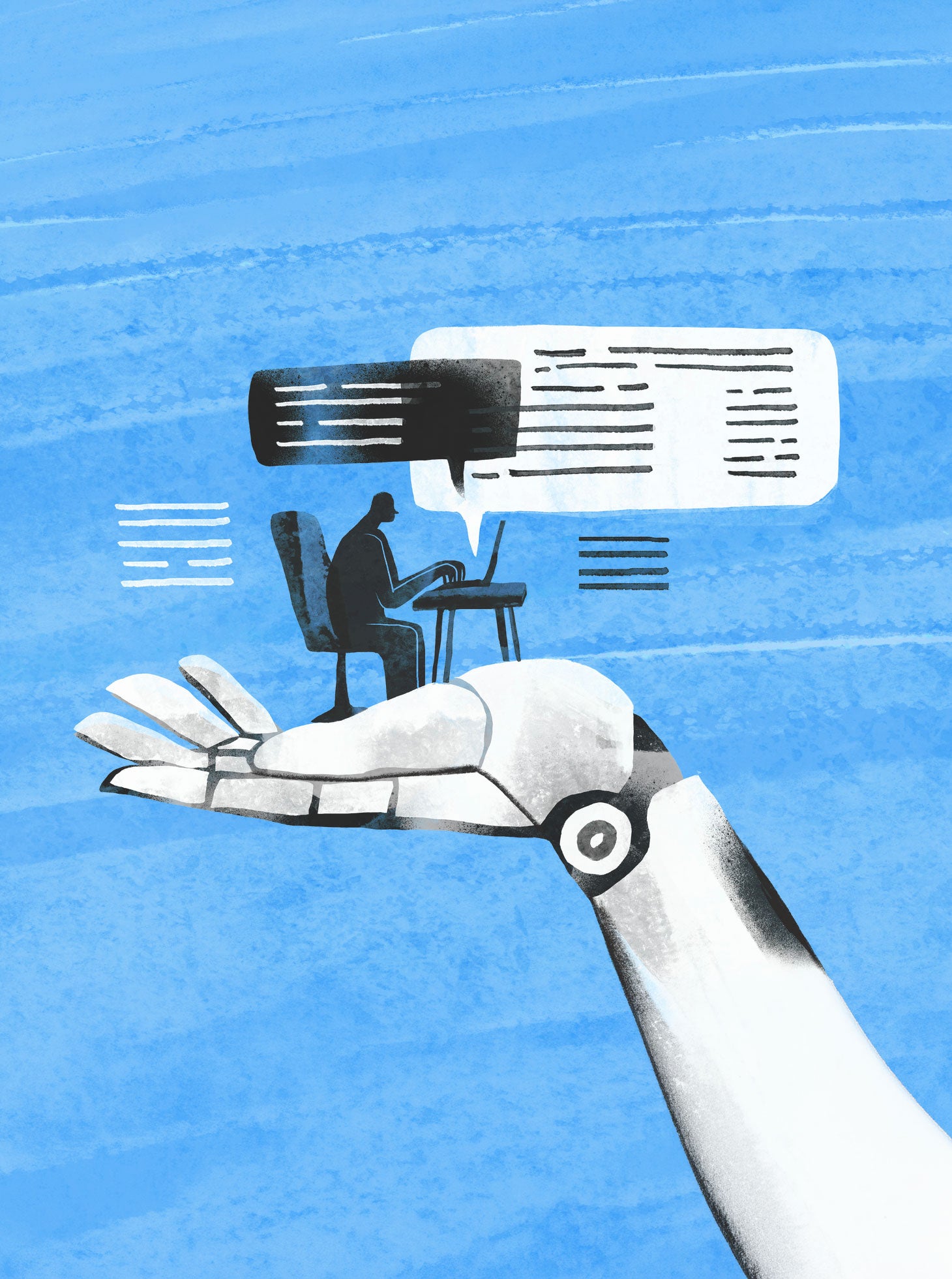 Illustration of a robot hand holding a person working at a desk