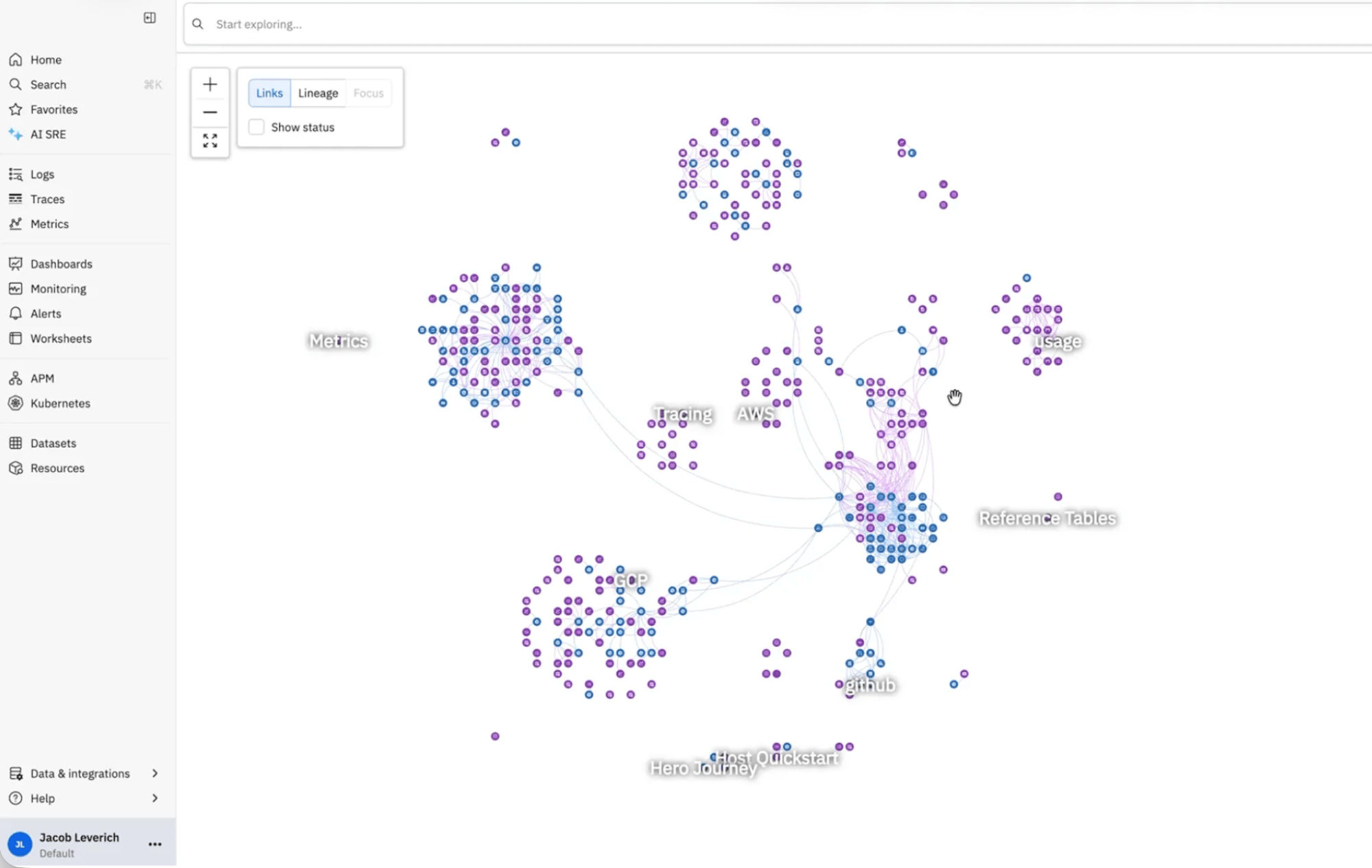 Screenshot of a network graph visualization showing clusters of blue and purple nodes labeled with terms like Metrics, AWS, Tracing, and Reference Tables