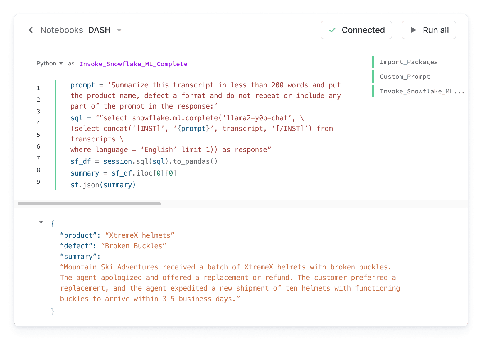 Asking Llama 2 to extract a custom summary from a Snowflake Table from a Snowflake Notebook (private preview)