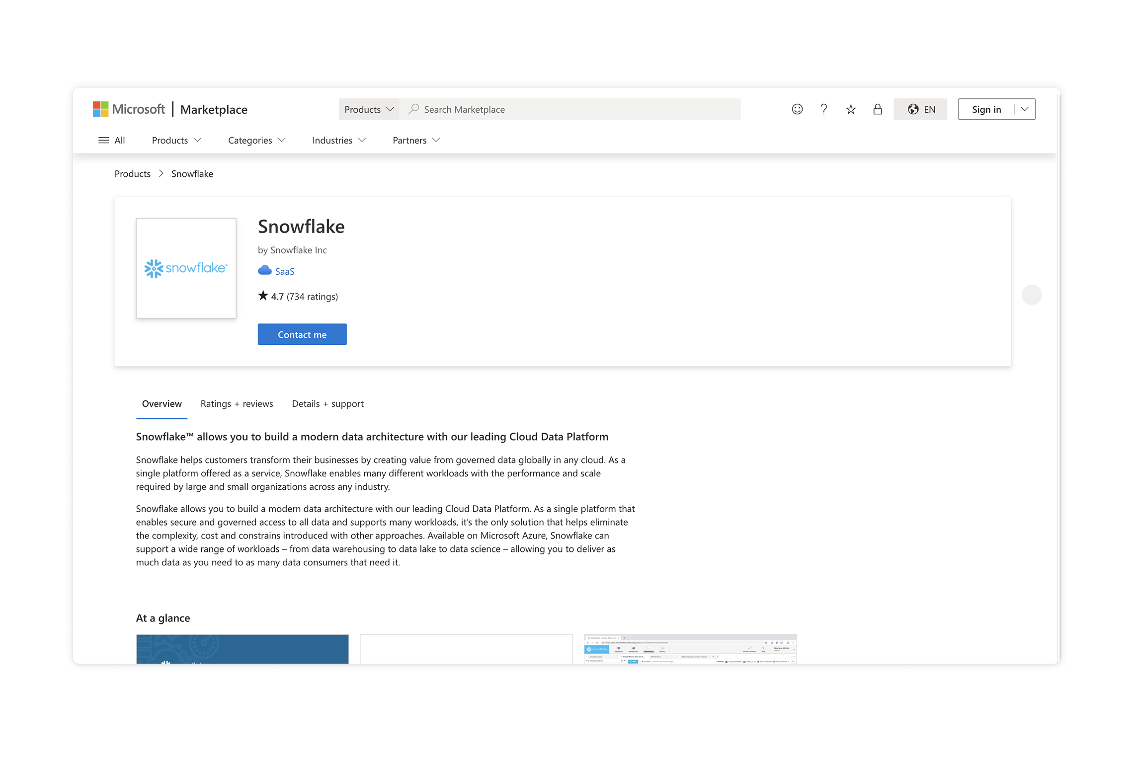 Screenshot of Snowflake on Microsoft Marketplace