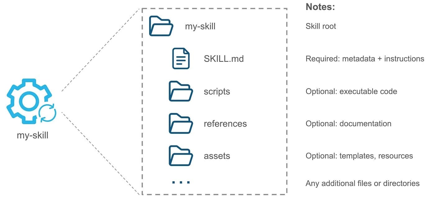 Schéma montrant la structure du dossier my-skill, avec le fichier SKILL.md et les sous-dossiers facultatifs scripts, references et assets.