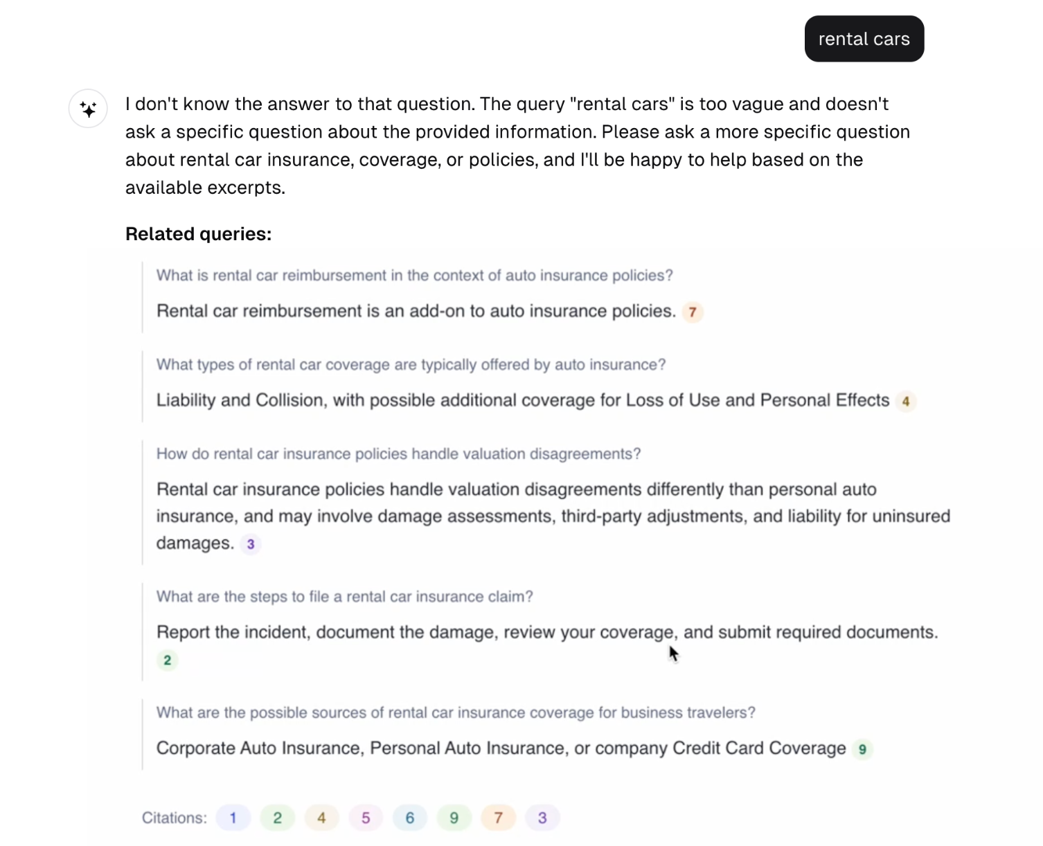 Query clarification in Snowflake’s Cortex Agents API setup with tool access to a series of synthetically generated insurance documents retrieved via Cortex Search services. The system refines vague queries by suggesting specific related questions, improving retrieval accuracy and user experience.