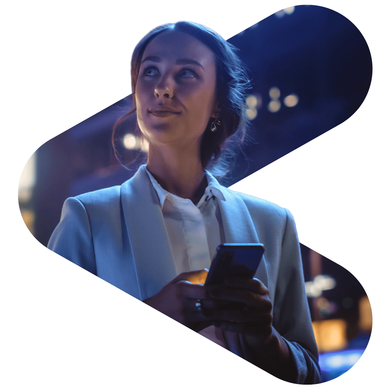 woman holding phone while looking up to her right